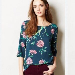 Anthropologie HD in Paris Eira Teal Floral Blouse